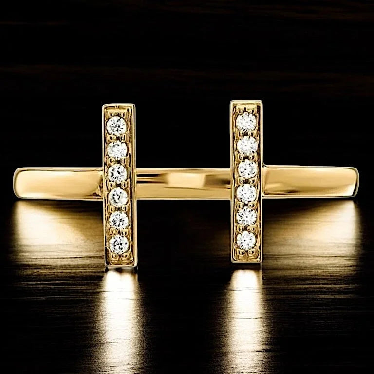 T Double Bar Diamond Ring - 14K Solid Gold - Free shipping - 1