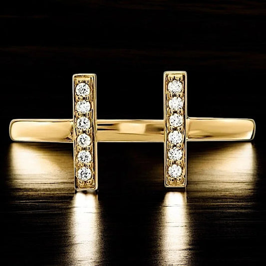 T Double Bar Diamond Ring - 14K Solid Gold - Free shipping - 1