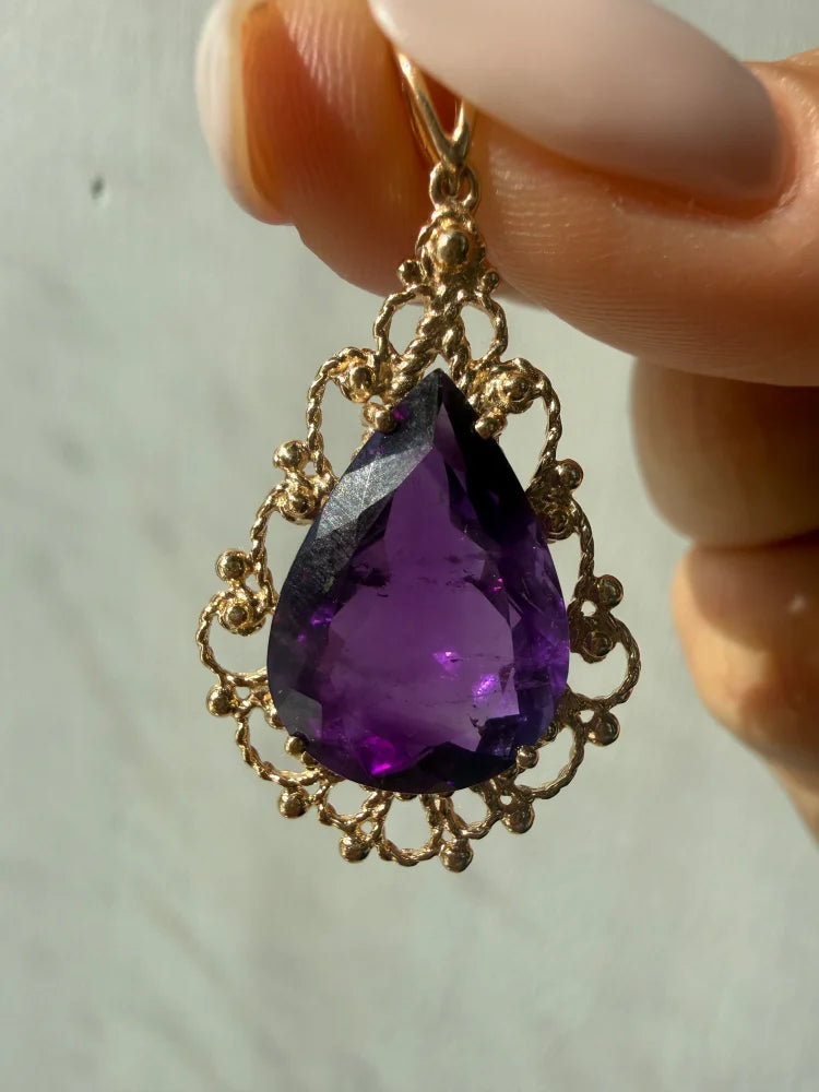 Victorian 14K Gold 10 ct Amethyst Filigree Pendant - 14K Solid Gold - Free shipping - 7