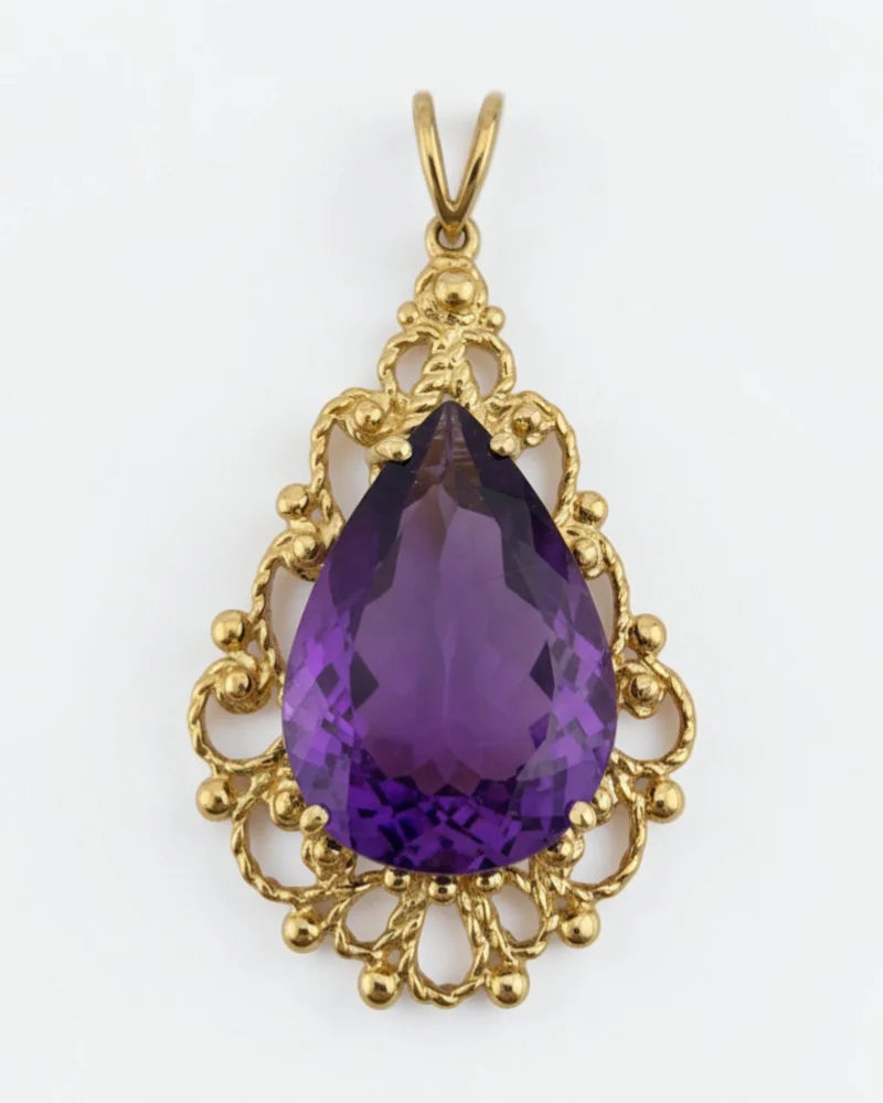 Victorian 14K Gold 10 ct Amethyst Filigree Pendant - 14K Solid Gold - Free shipping - 1