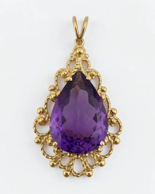 Victorian 14K Gold 10 ct Amethyst Filigree Pendant - 14K Solid Gold - Free shipping - 1
