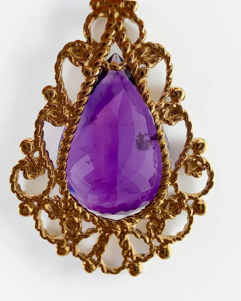 Victorian 14K Gold 10 ct Amethyst Filigree Pendant - 14K Solid Gold - Free shipping - 3
