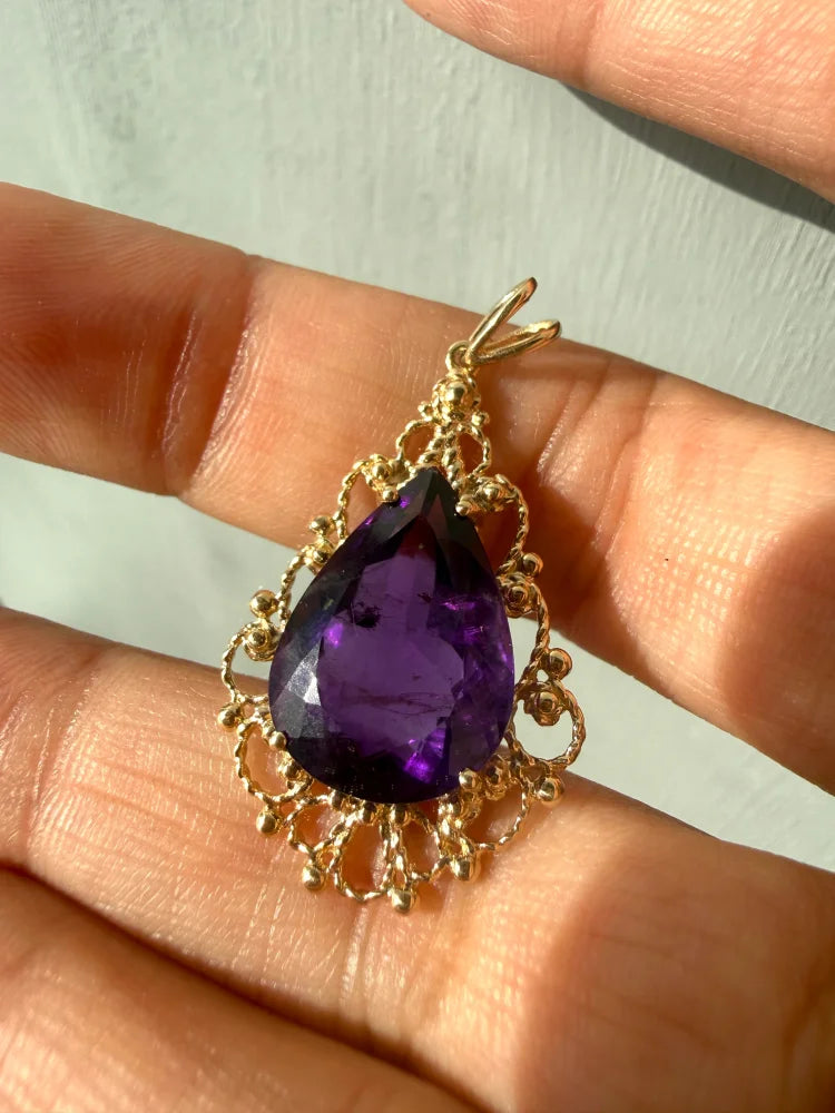 Victorian 14K Gold 10 ct Amethyst Filigree Pendant - 14K Solid Gold - Free shipping - 6