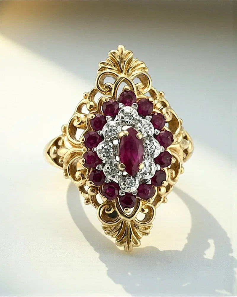 Victorian Vintage 10K Gold Ruby & Diamond Cluster Ring - 10K Gold - Free shipping - 1