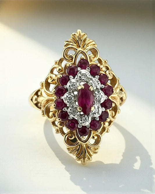 Victorian Vintage 10K Gold Ruby & Diamond Cluster Ring - 10K Gold - Free shipping - 1