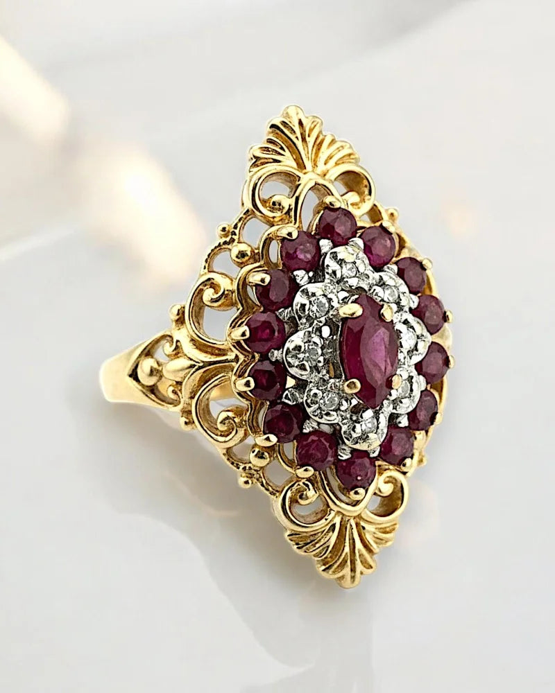 Victorian Vintage 10K Gold Ruby & Diamond Cluster Ring - 10K Gold - Free shipping - 4