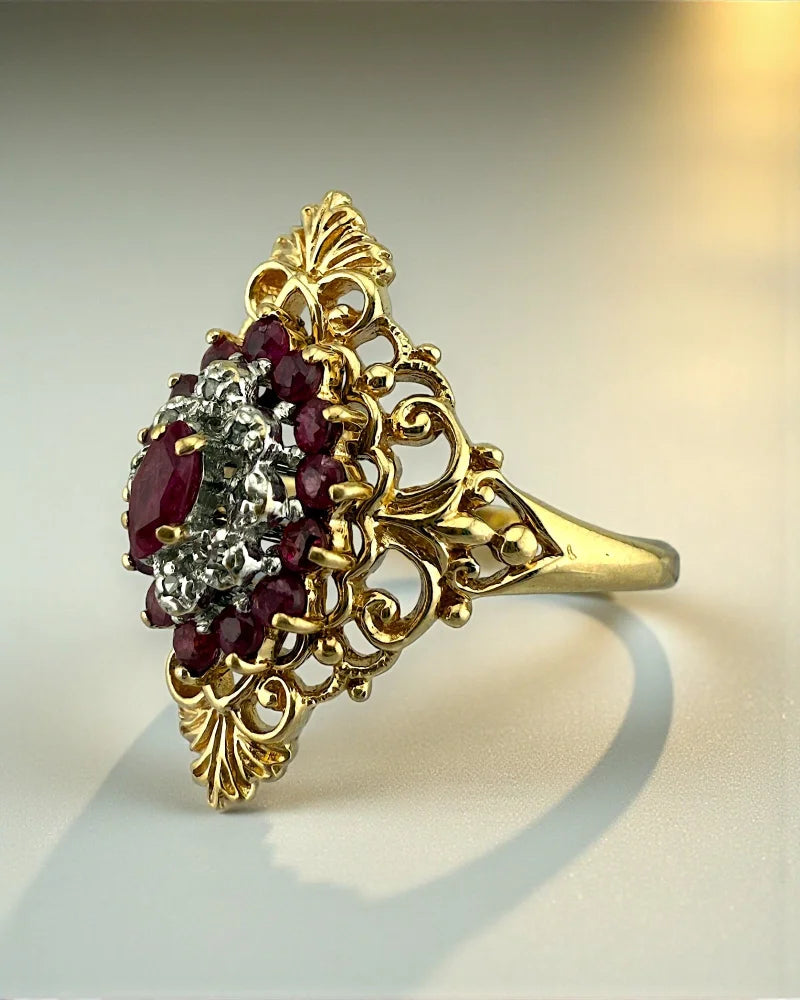 Victorian Vintage 10K Gold Ruby & Diamond Cluster Ring - 10K Gold - Free shipping - 2