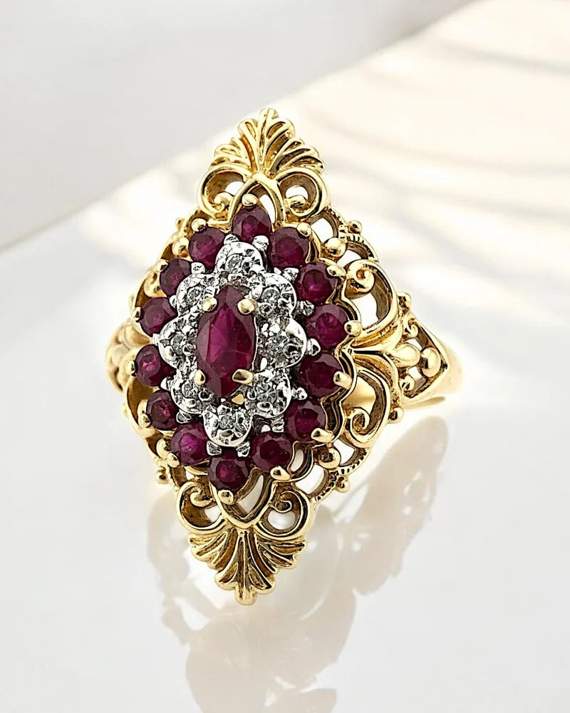 Victorian Vintage 10K Gold Ruby & Diamond Cluster Ring - 10K Gold - Free shipping - 3