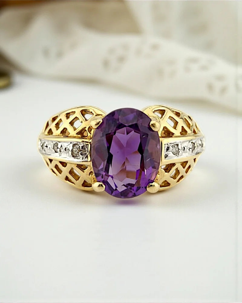 Vintage 10K Gold Amethyst Ring with Diamond Accents | Lattice Openwork - 10K Gold - Free shipping - 1