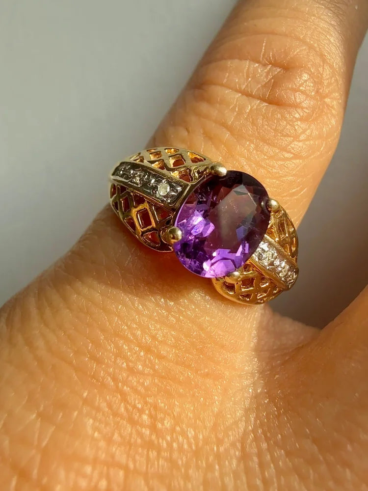 Vintage 10K Gold Amethyst Ring with Diamond Accents | Lattice Openwork - 10K Gold - Free shipping - 2