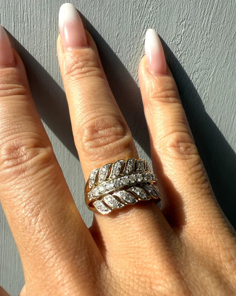 Vintage 10K Gold Diamond Wide Leaf Band - 10K Gold - Free shipping - 4