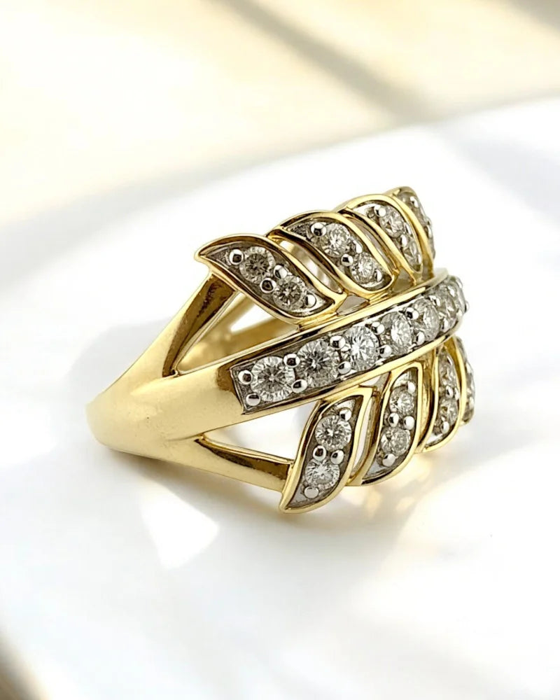 Vintage 10K Gold Diamond Wide Leaf Band - 10K Gold - Free shipping - 5