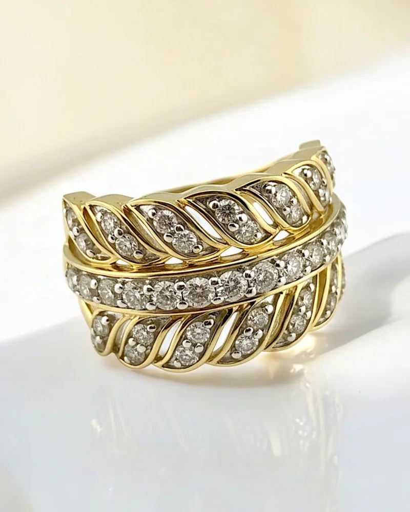Vintage 10K Gold Diamond Wide Leaf Band - 10K Gold - Free shipping - 6