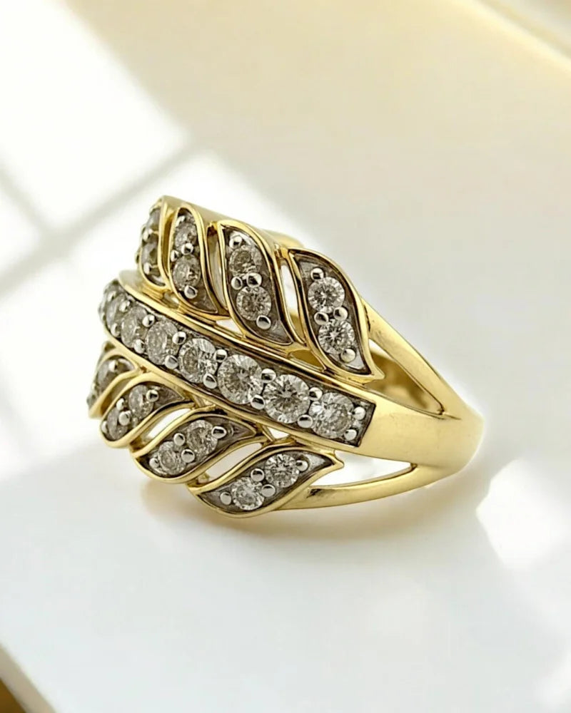 Vintage 10K Gold Diamond Wide Leaf Band - 10K Gold - Free shipping - 3