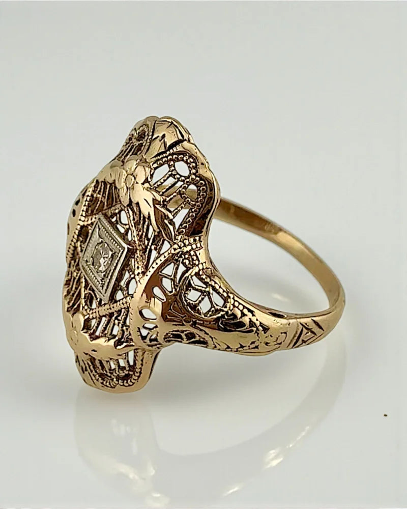 Vintage 10K Gold Filigree Diamond Art Deco Ring - 10K Gold - Free shipping - 5