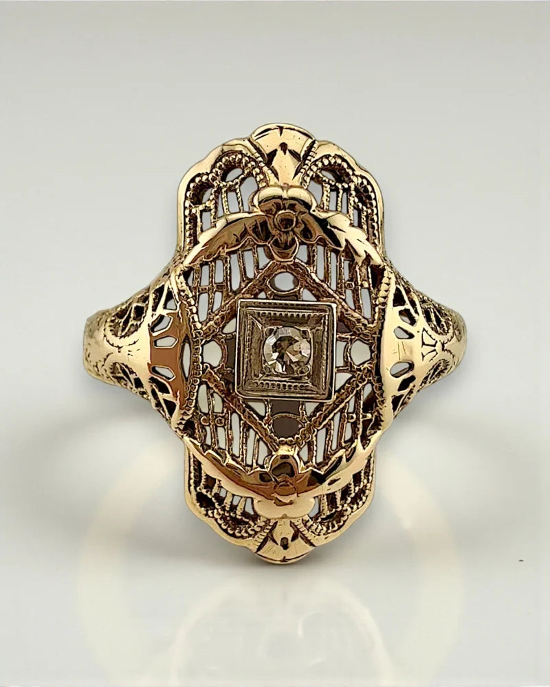 Vintage 10K Gold Filigree Diamond Art Deco Ring - 10K Gold - Free shipping - 1