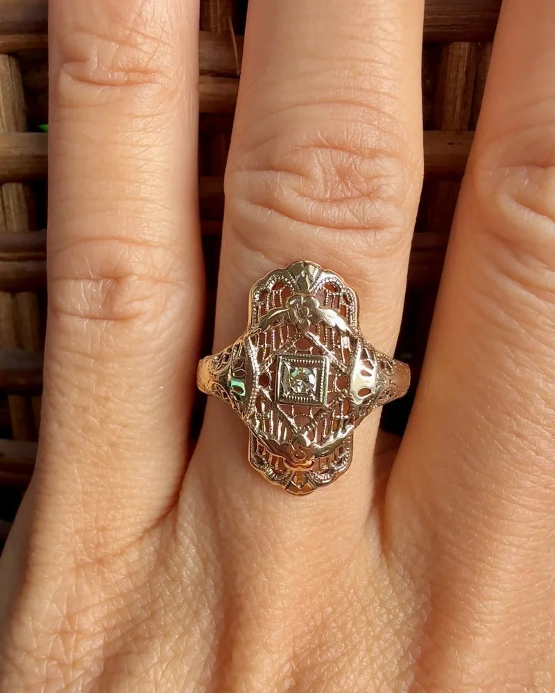 Vintage 10K Gold Filigree Diamond Art Deco Ring - 10K Gold - Free shipping - 2