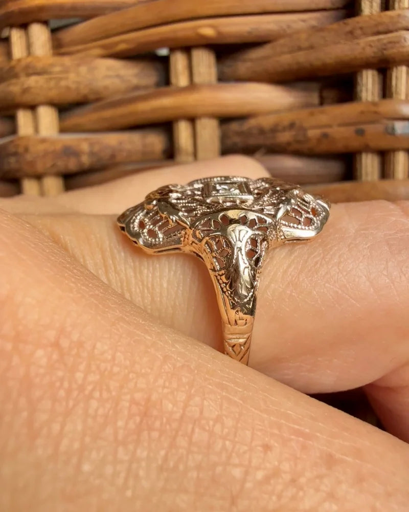 Vintage 10K Gold Filigree Diamond Art Deco Ring - 10K Gold - Free shipping - 4