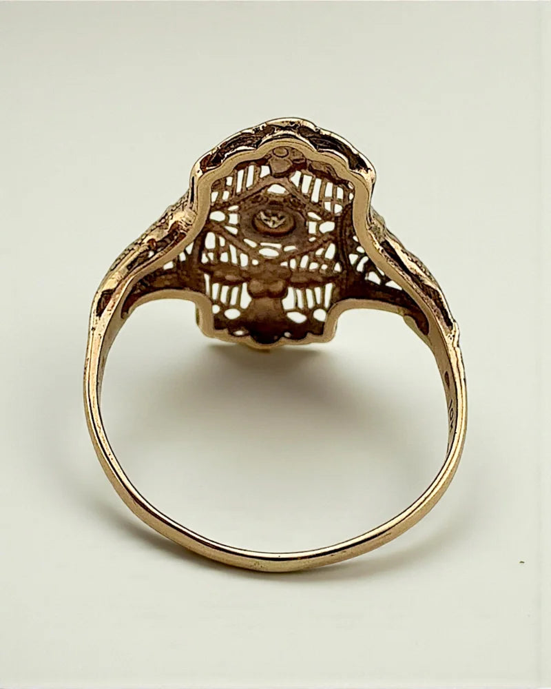 Vintage 10K Gold Filigree Diamond Art Deco Ring - 10K Gold - Free shipping - 7