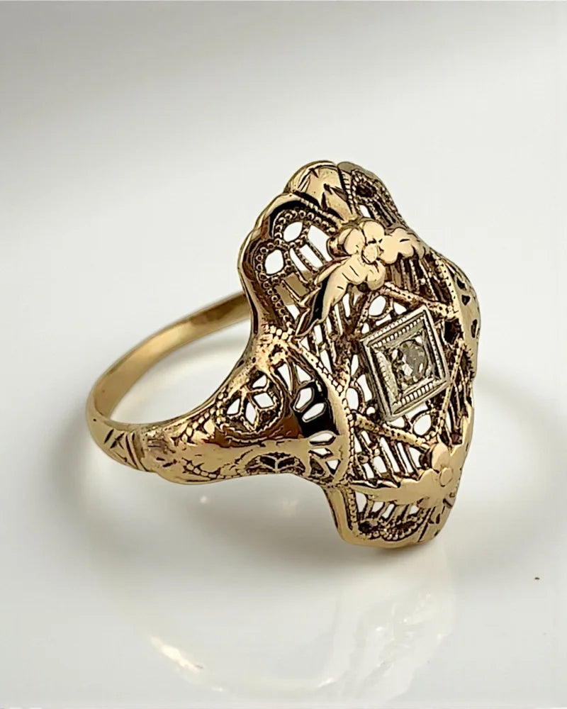 Vintage 10K Gold Filigree Diamond Art Deco Ring - 10K Gold - Free shipping - 3