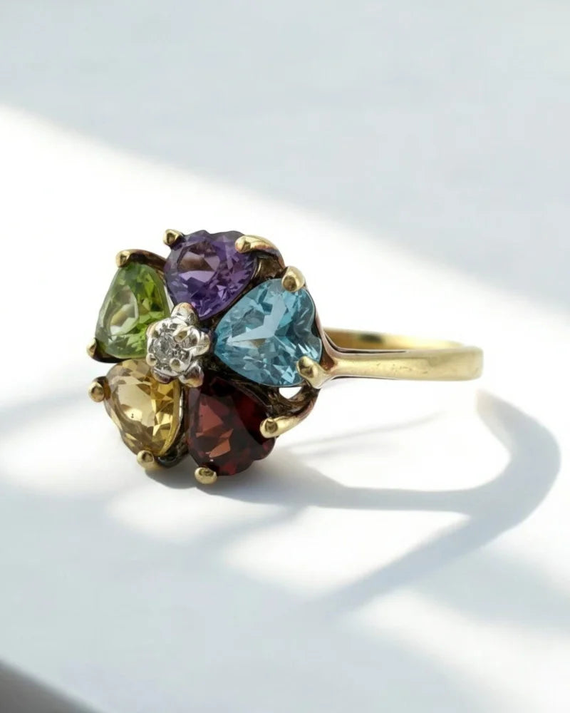 Vintage 10K Gold Flower Ring with Blue Topaz and Heart Gemstones - 10K Gold - Free shipping - 3