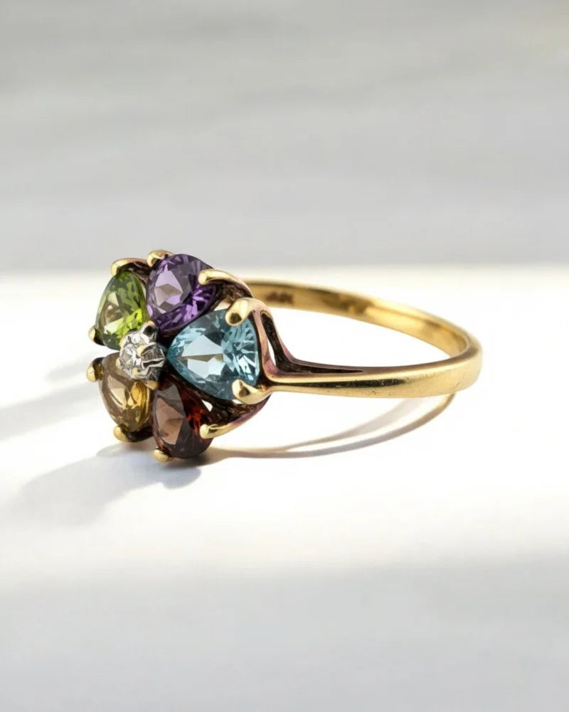 Vintage 10K Gold Flower Ring with Blue Topaz and Heart Gemstones - 10K Gold - Free shipping - 2