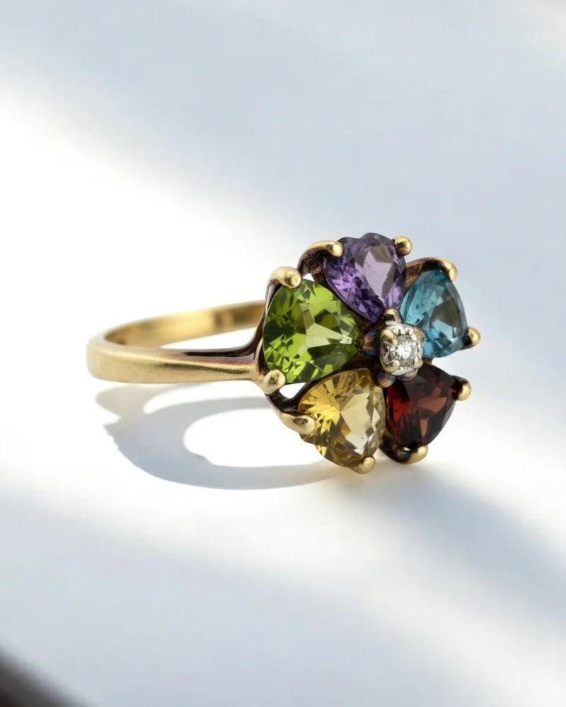 Vintage 10K Gold Flower Ring with Blue Topaz and Heart Gemstones - 10K Gold - Free shipping - 4