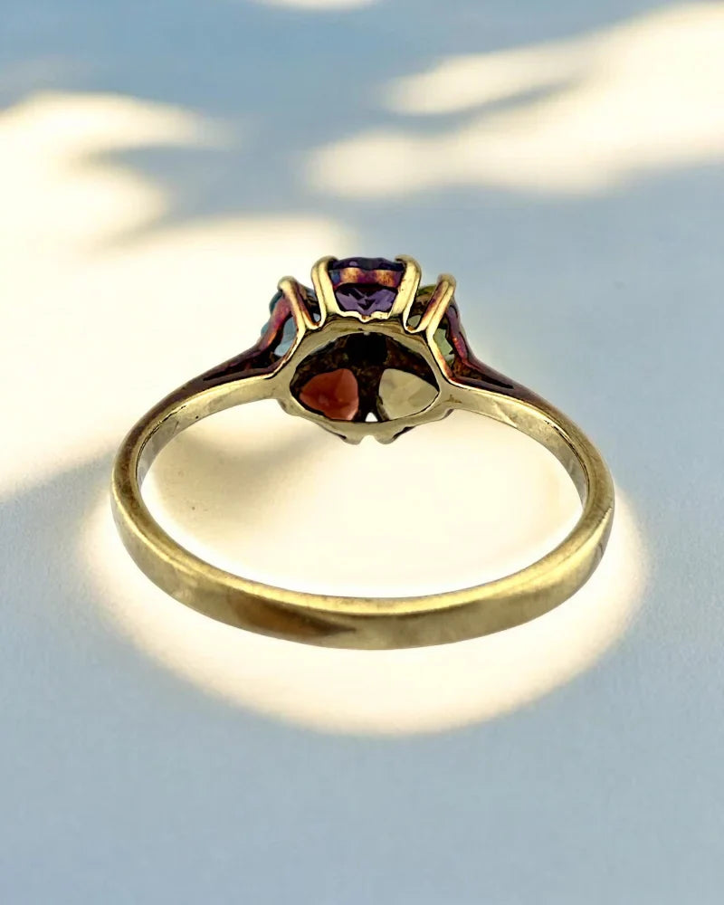 Vintage 10K Gold Flower Ring with Blue Topaz and Heart Gemstones - 10K Gold - Free shipping - 6