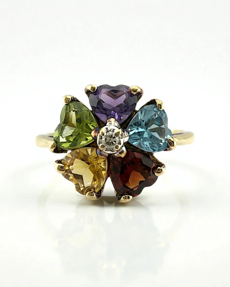 Vintage 10K Gold Flower Ring with Blue Topaz and Heart Gemstones - 10K Gold - Free shipping - 1