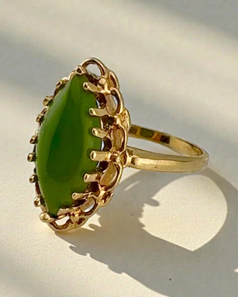 Vintage 10K Gold Nephrite Jade Marquise Cabochon Navette Ring - 10K Gold - Free shipping - 2