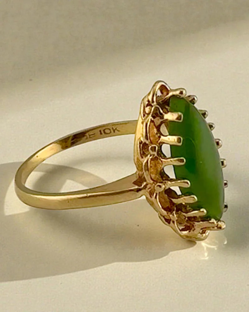 Vintage 10K Gold Nephrite Jade Marquise Cabochon Navette Ring - 10K Gold - Free shipping - 4