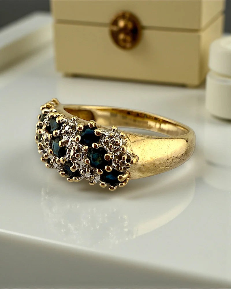 Vintage 10K Gold Sapphire and Diamond Cluster Ring - 10K Gold - Free shipping - 2