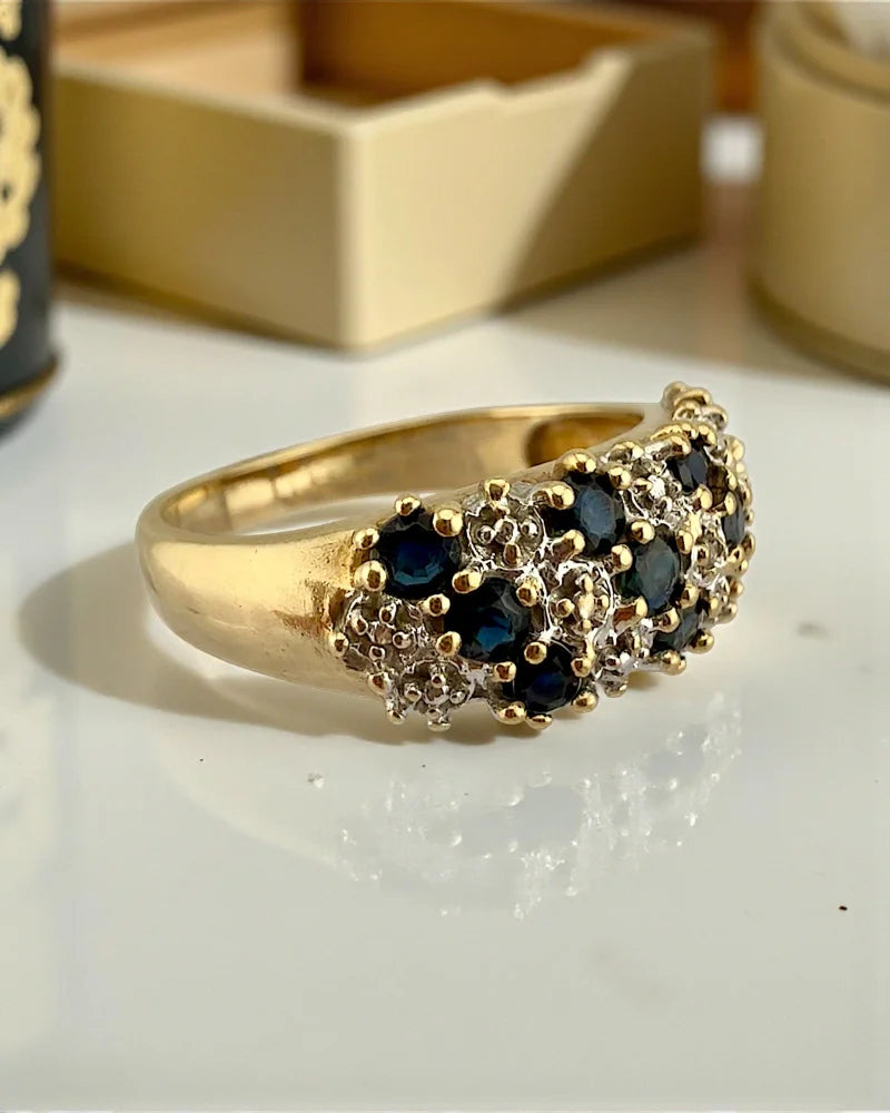 Vintage 10K Gold Sapphire and Diamond Cluster Ring - 10K Gold - Free shipping - 3