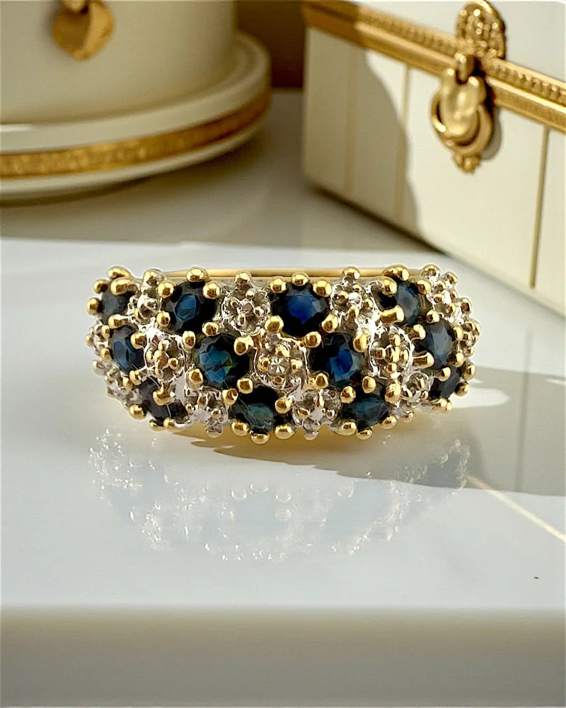 Vintage 10K Gold Sapphire and Diamond Cluster Ring - 10K Gold - Free shipping - 1