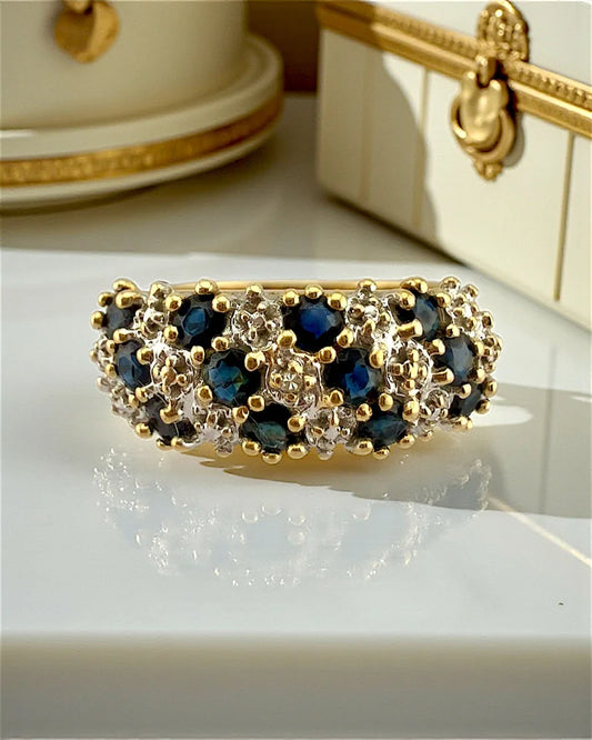 Vintage 10K Gold Sapphire and Diamond Cluster Ring - 10K Gold - Free shipping - 1