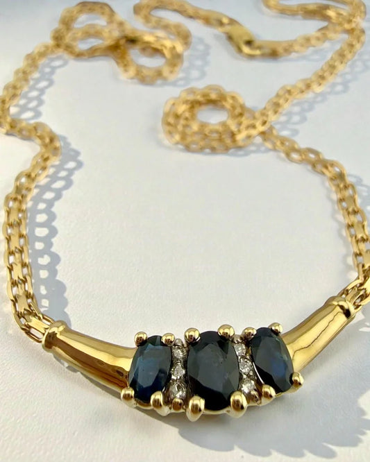 Vintage 10K Gold Sapphire Diamond Necklace - 10K Gold - Free shipping - 1
