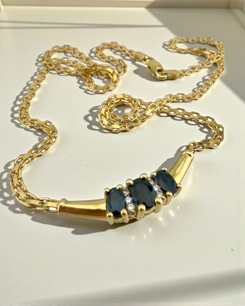 Vintage 10K Gold Sapphire Diamond Necklace - 10K Gold - Free shipping - 1