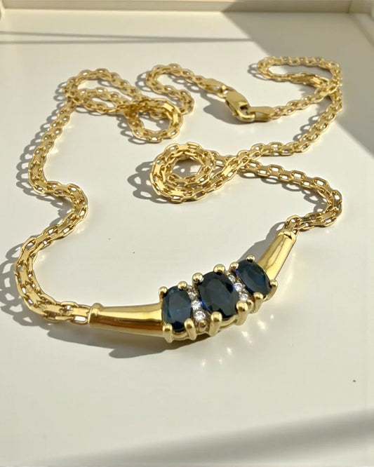 Vintage 10K Gold Sapphire Diamond Necklace - 10K Gold - Free shipping - 1