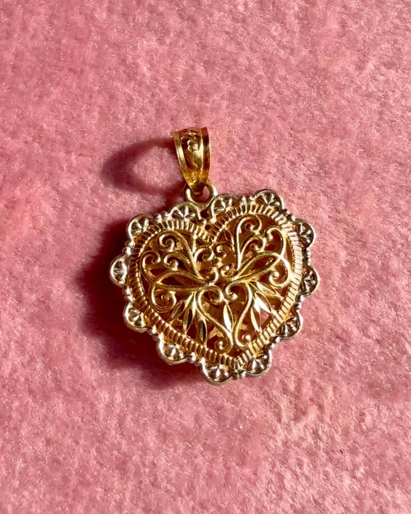 Vintage Reversible 14K Gold Two Tone Heart Filigree and Lattice Pendant - 14K Solid Gold - Free shipping - 4