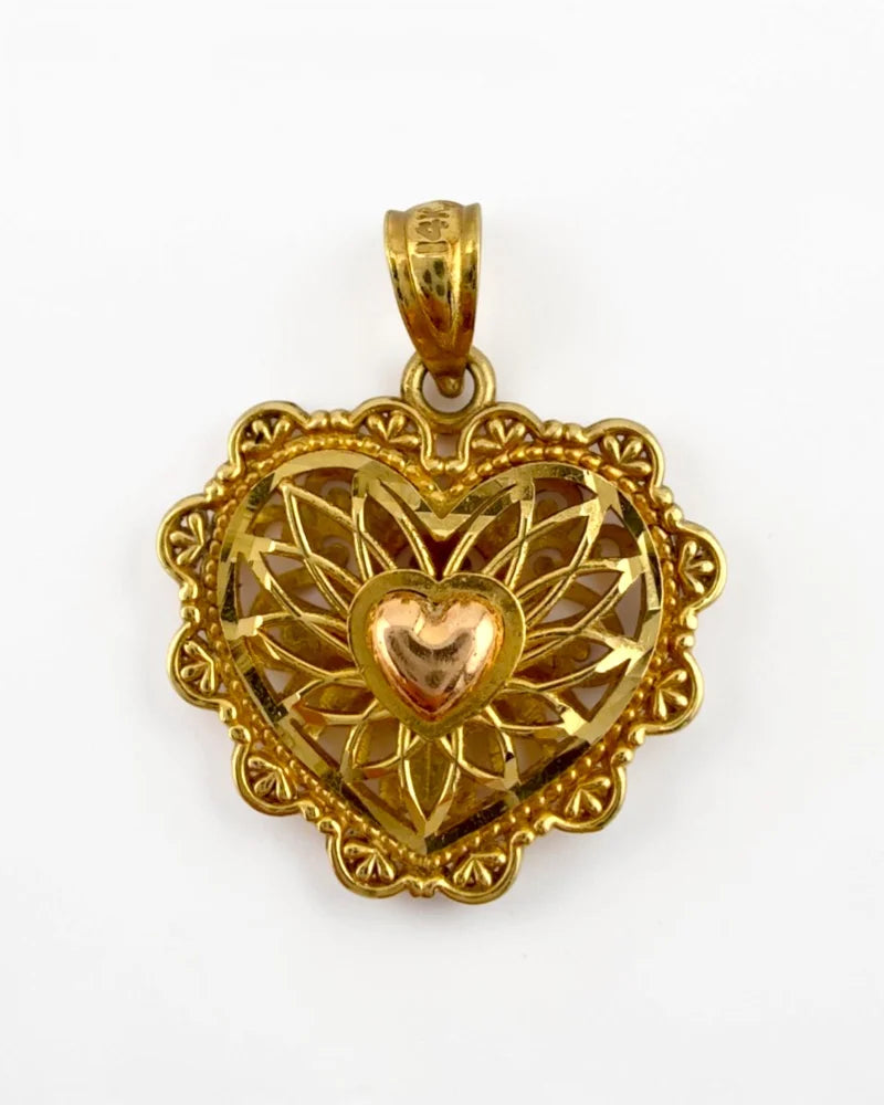 Vintage Reversible 14K Gold Two Tone Heart Filigree and Lattice Pendant - 14K Solid Gold - Free shipping - 1