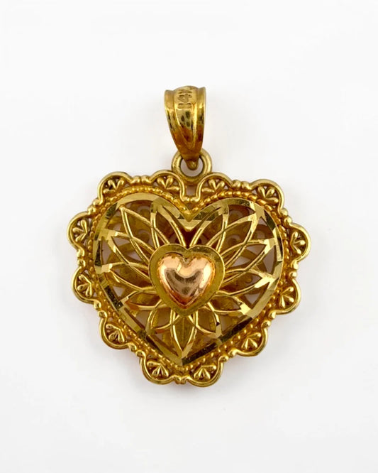 Vintage Reversible 14K Gold Two Tone Heart Filigree and Lattice Pendant - 14K Solid Gold - Free shipping - 1