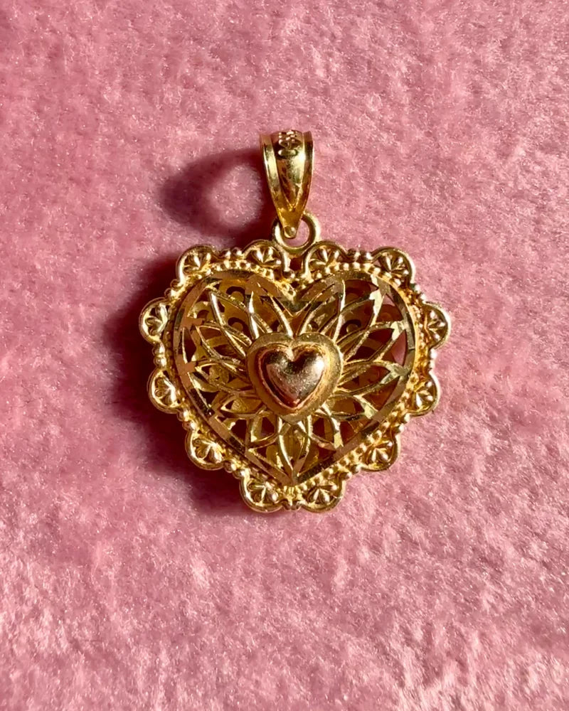 Vintage Reversible 14K Gold Two Tone Heart Filigree and Lattice Pendant - 14K Solid Gold - Free shipping - 3