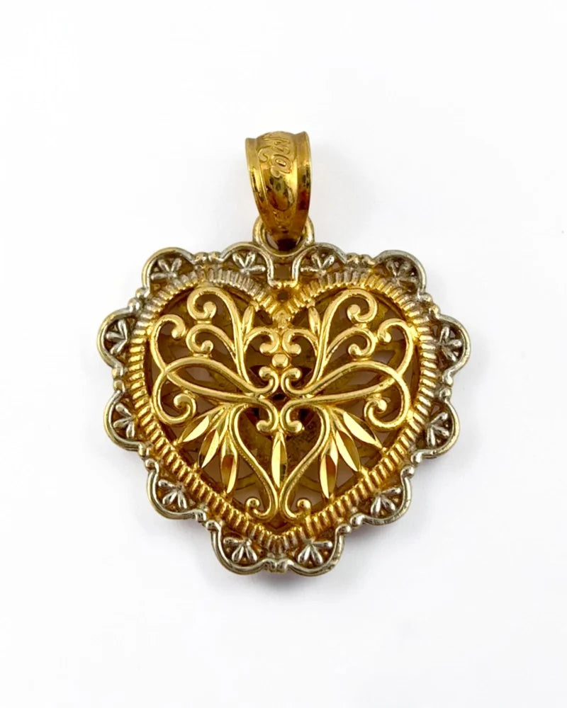 Vintage Reversible 14K Gold Two Tone Heart Filigree and Lattice Pendant - 14K Solid Gold - Free shipping - 2
