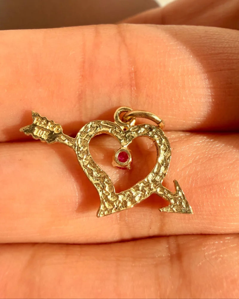Vintage 10K Yellow Gold Heart & Arrow Pendant with Ruby Accent - 10K Gold - Free shipping - 4