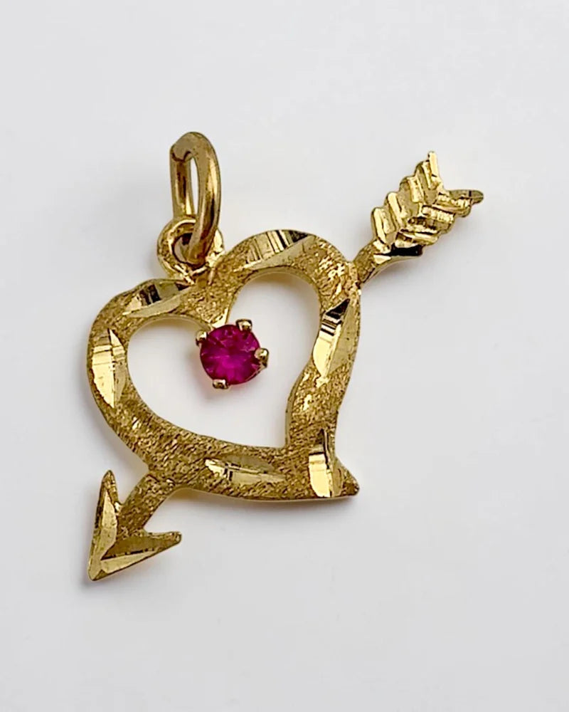 Vintage 10K Yellow Gold Heart & Arrow Pendant with Ruby Accent - 10K Gold - Free shipping - 8