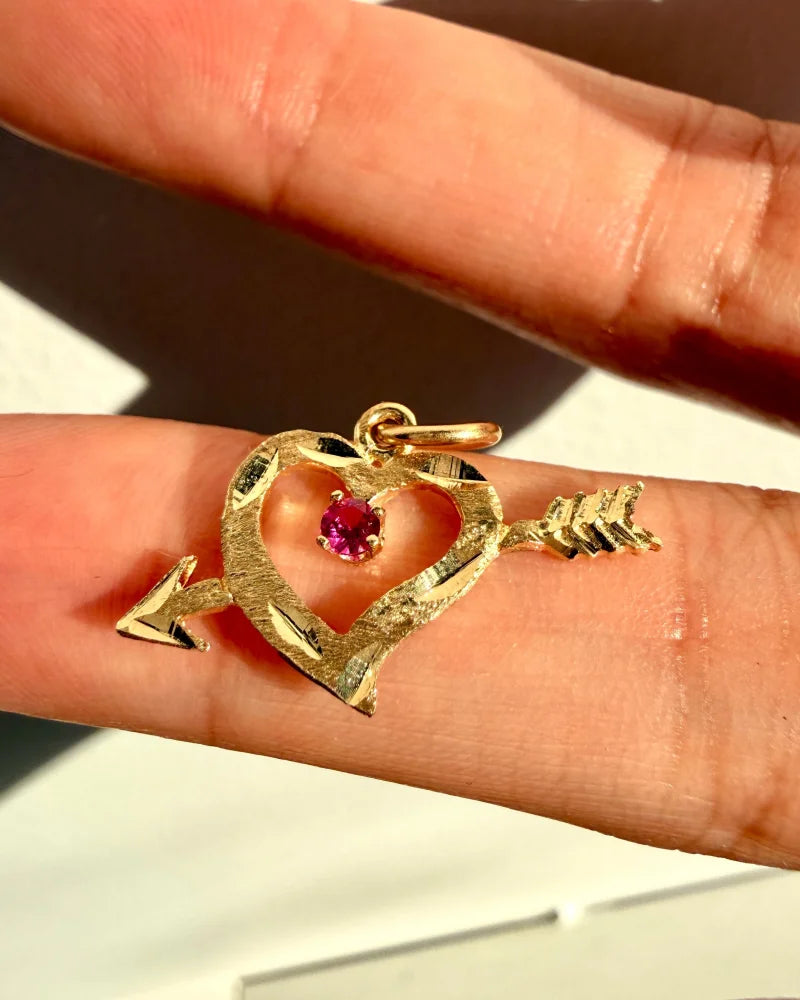 Vintage 10K Yellow Gold Heart & Arrow Pendant with Ruby Accent - 10K Gold - Free shipping - 2