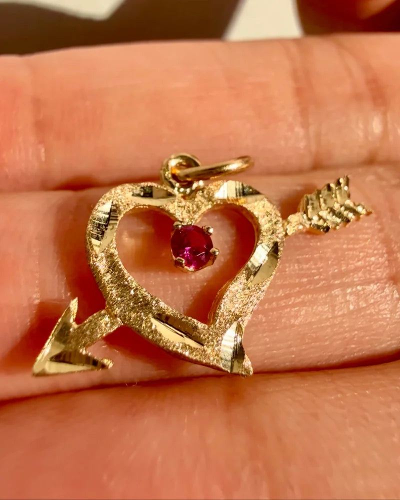 Vintage 10K Yellow Gold Heart & Arrow Pendant with Ruby Accent - 10K Gold - Free shipping - 6