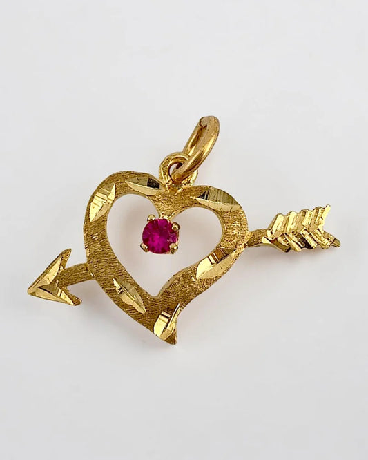 Vintage 10K Yellow Gold Heart & Arrow Pendant with Ruby Accent - 10K Gold - Free shipping - 1