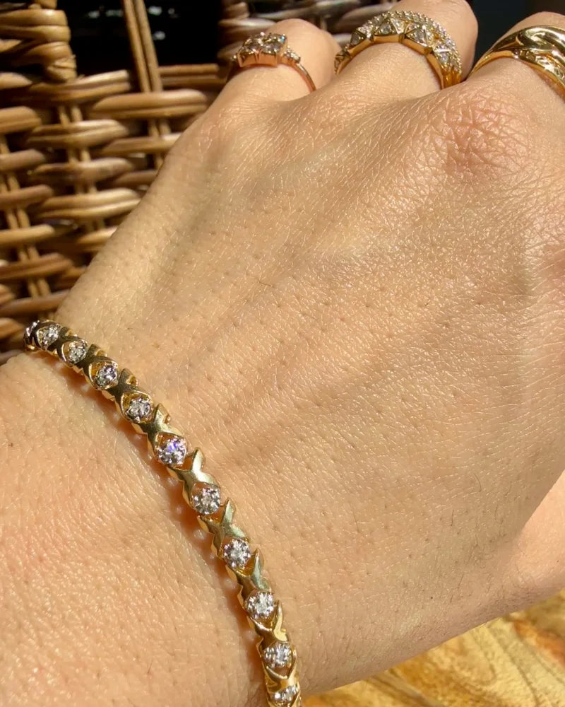 Vintage 10K Yellow and White Gold XO Diamond Bracelet 7.5 in - 10K Gold - Free shipping - 7