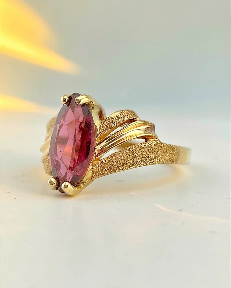 Vintage 14K Brushed Gold Marquise Pink 1 ct Tourmaline Ring - 14K Solid Gold - Free shipping - 3